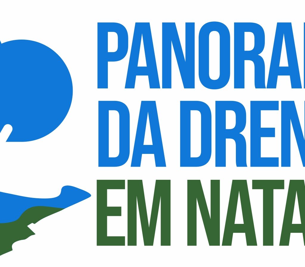 Imagem contendo, à esquerda, a representação de uma nuvem e gotas de água caindo sobre uma lagoa, com vegetação ao redor. Do lado direito está escrito "Panorama da Drenagem em Natal"