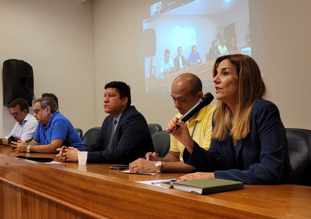 Imagem de cinco homens e uma mulher (esta falando ao microfone. Todos estão sentados à mesa, em um auditório.