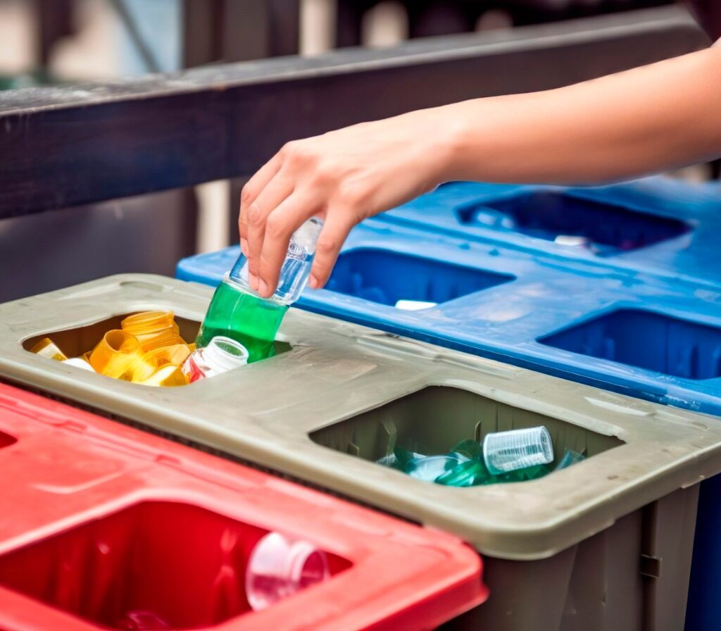 Imagem com recipientes para coleta seletiva, nas cores vermelha, verde e azul.