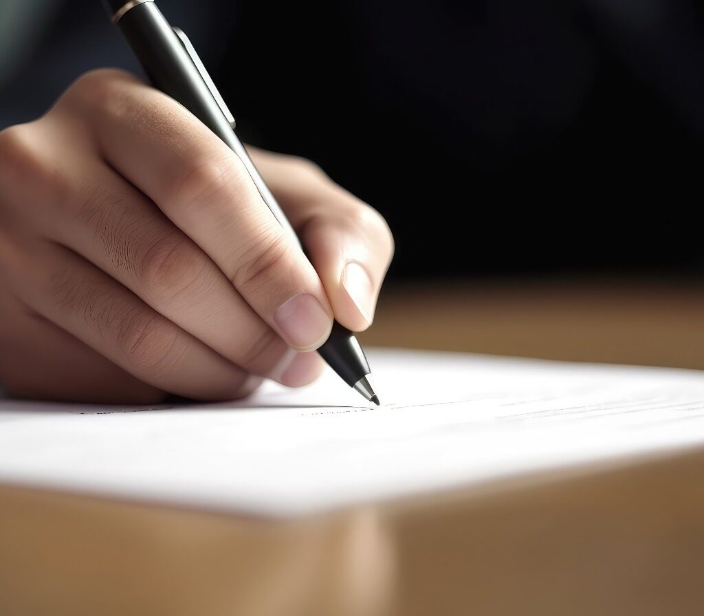 Imagem de uma mão masculina, segurando uma caneta preta e assinando um documento sobre uma mesa.