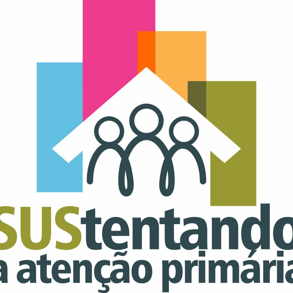 Imagem com o logo do projeto SUStentando a Atenção Primária, nas cores azul, rosa, amarelo, verde e branco, com uma casinha ao centro e três bonequinhos dentro. Abaixo está o nome do projeto.