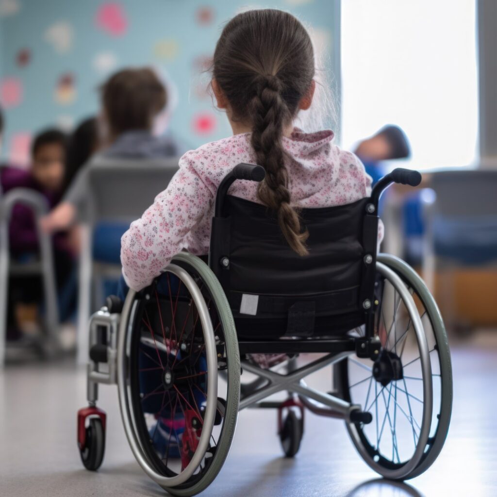 Imagem de uma sala de aula, com algumas crianças e, em primeiro plano, uma menina cadeirante, de costas.