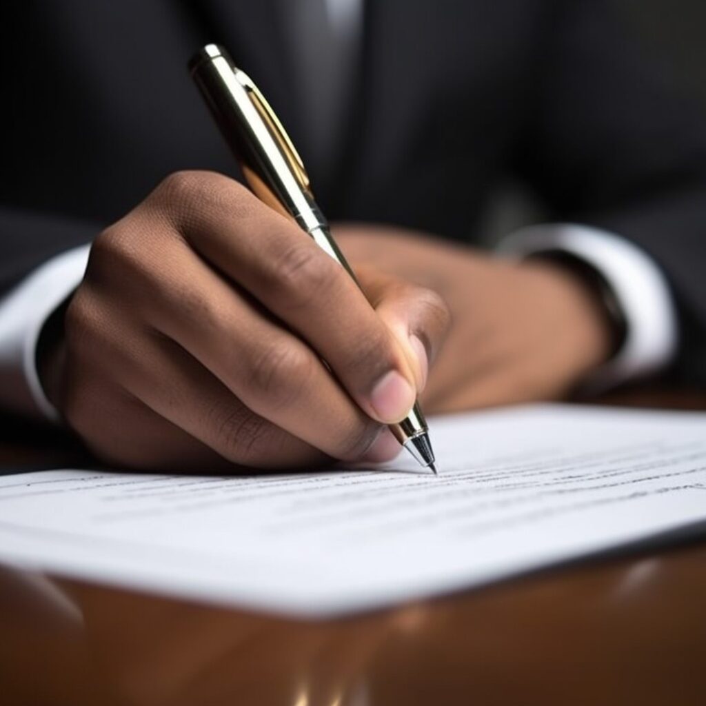 Imagem de um homem, vestido de terno, assinando um documento, que está em cima da mesa.