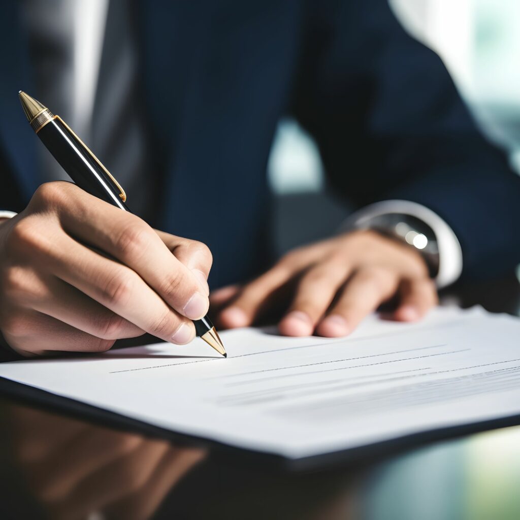 Imagem de um homem, vestido de terno e gravata, sentado, assinando um documento que está sobre uma mesa.