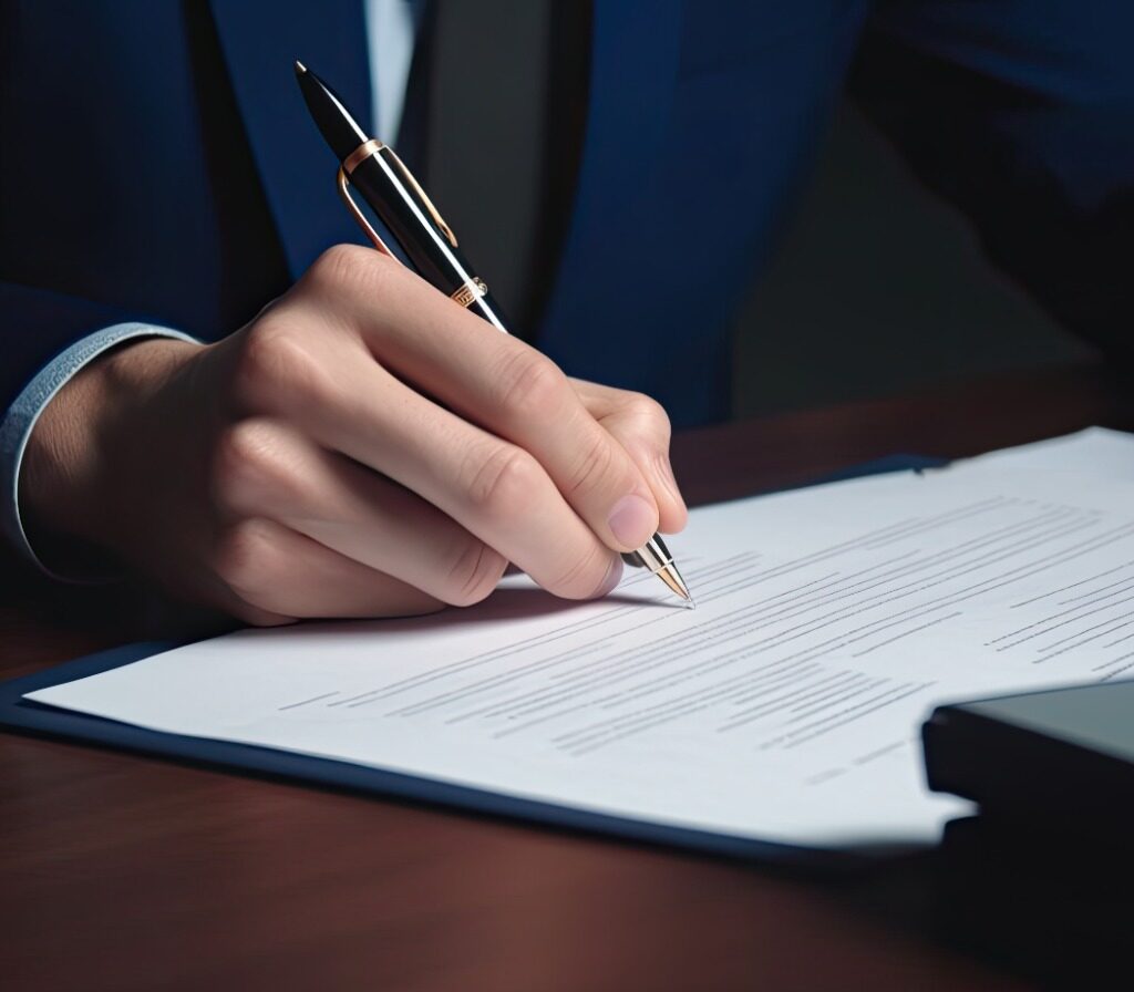 Imagem de um homem, sem aparecer o rosto, assinando um documento que está sob a mesa.