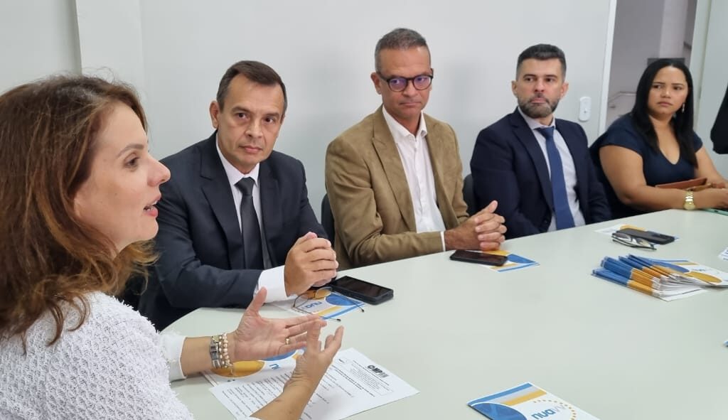 Imagem da procuradora-geral de Justiça, Elaine Cardoso, e de outras autoridades, todos sentados à mesa, durante a inauguração do NUAVV.