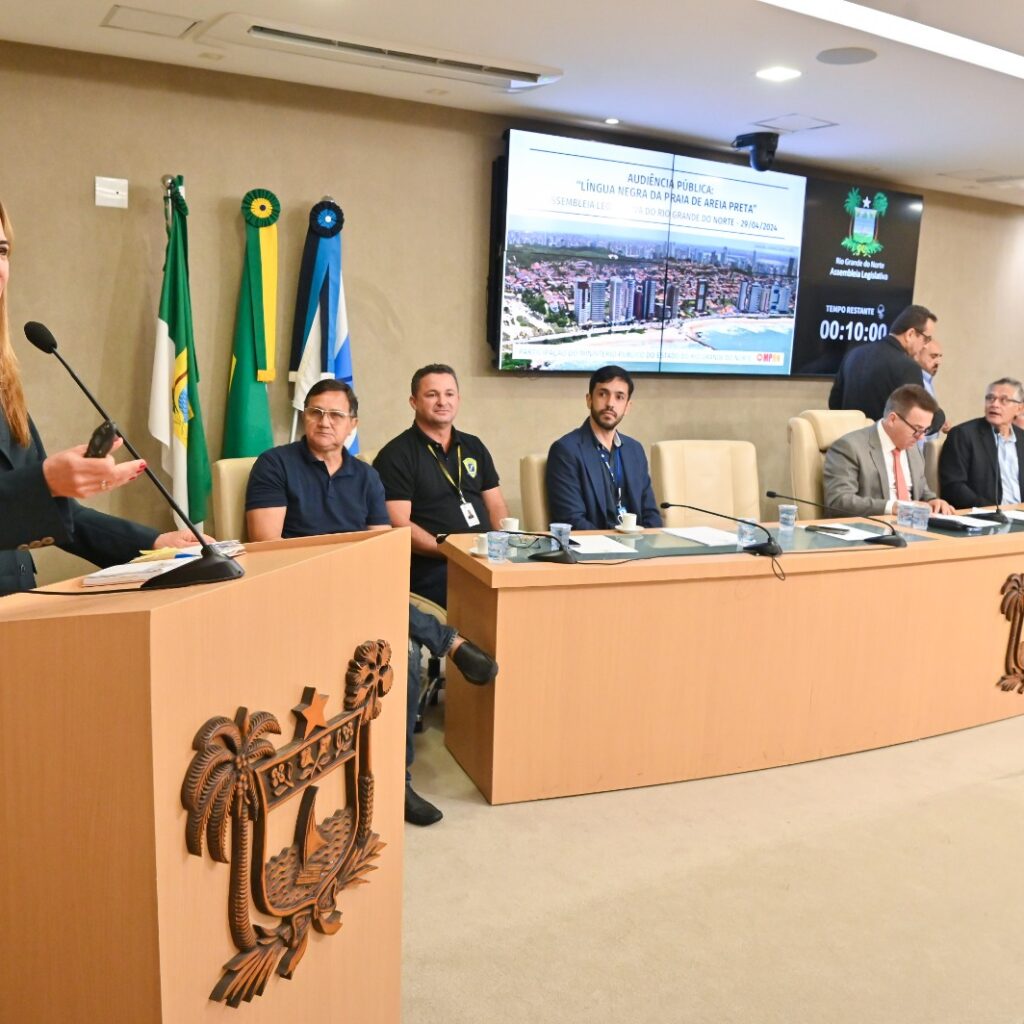 Foto mostrando do lado esquerdo a promotora falando em uma tribuna e ao lado direito a mesa de honra da solenidade.