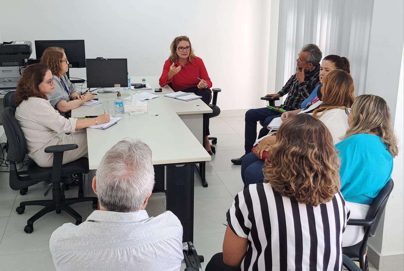 Imagem mostra uma sala com pessoas dispostas ao redor de uma mesa na qual promotora de Justiça se senta ao centro, no fundo da imagem, gesticulando enquanto fala.