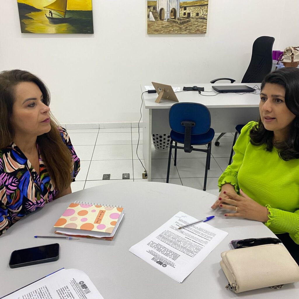 Imagem mostra a promotora e a Secretaria de Defesa da Mulher em Natal sentadas em uma mesa conversando
