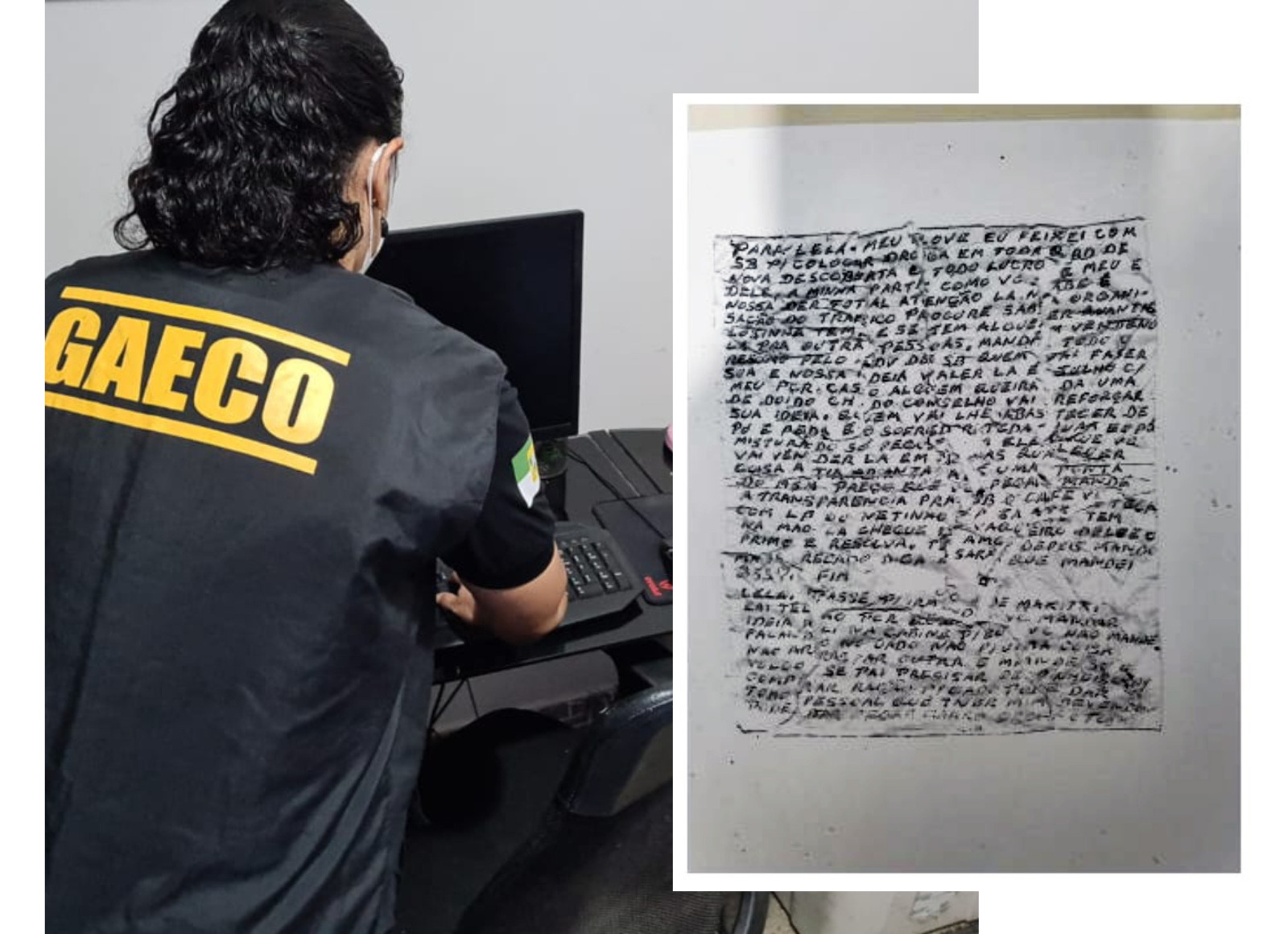 imagem de membro do gaeco do trabalhando e do lado direito um bilhete encontrado na operacao carteiras do mprn