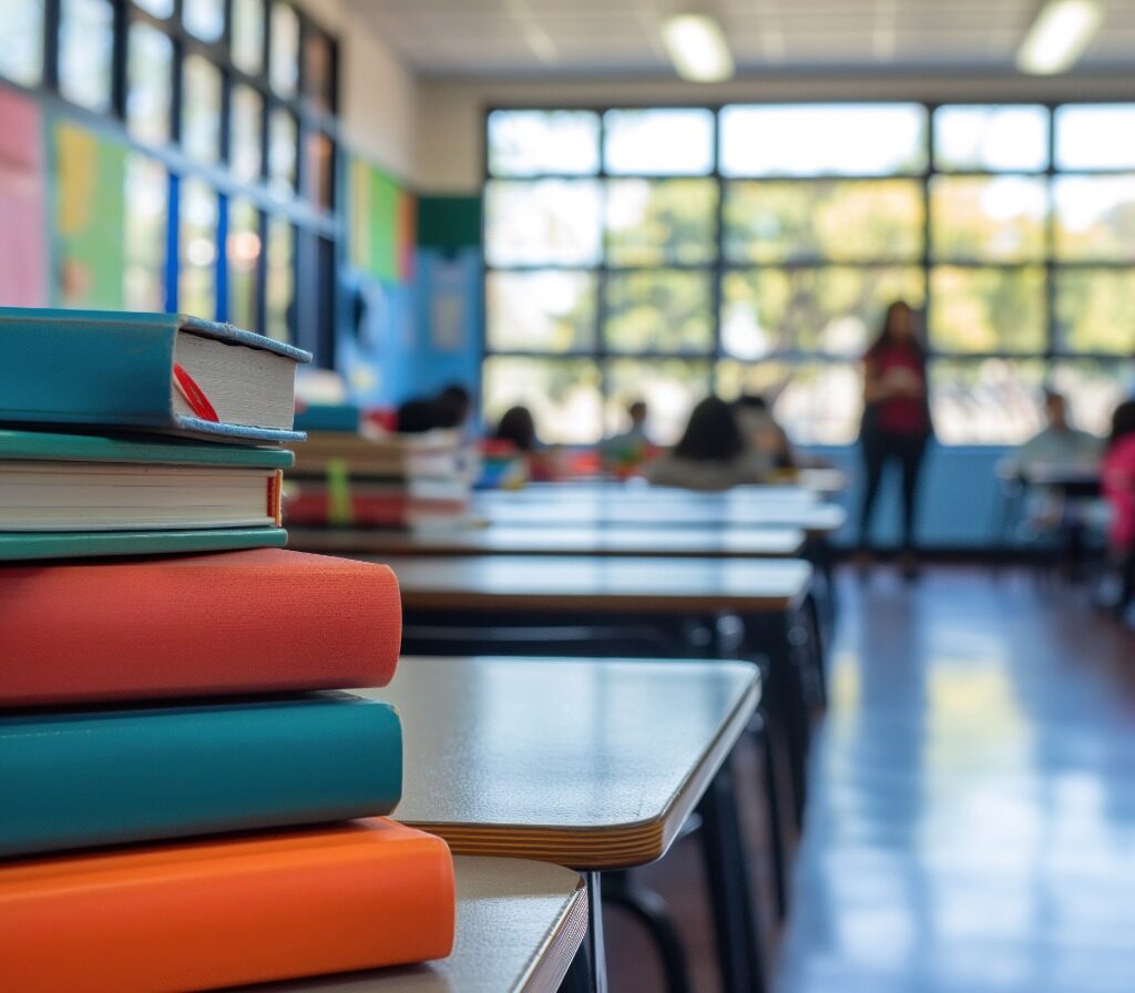 imagem mostra uma pilha de livros sobre uma mesa de uma sala de aula que esta desfocada ao fundo